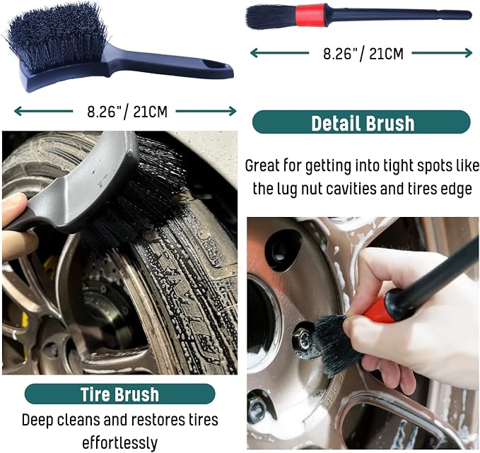 oesee Professional 4 Pack Long Handle Wheel Brush Kit for Cleaning Wheel and Tire- 2X Soft Wheel Cleaning Brush, Detailing Brush and Stiff Tire Brush, Bendable& Durable Wheel Rim Cleaner Brush Set