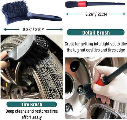 oesee Professional 4 Pack Long Handle Wheel Brush Kit for Cleaning Wheel and Tire- 2X Soft Wheel Cleaning Brush, Detailing Brush and Stiff Tire Brush, Bendable& Durable Wheel Rim Cleaner Brush Set