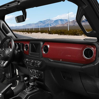 for JL Dashboard Decorative Panel Cover, Center Console Trim Cover Kit Compatible with 2018-2023 Jeep Wrangler JL JLU & Jeep Gladiator JT(Red Carbon Fiber)