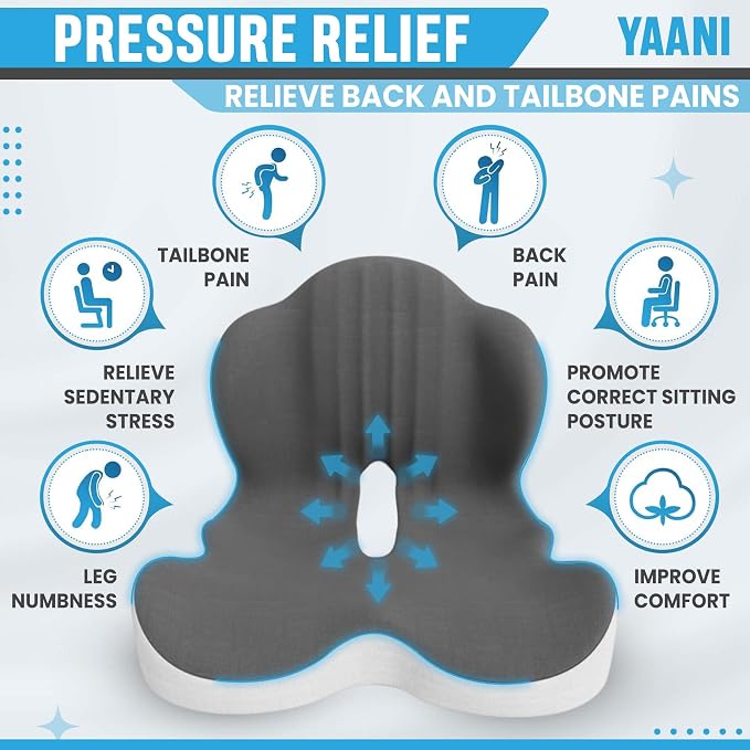 Large Memory Foam Seat Cushion Lumbar Support Pillow for Sciatica & Tailbone Pressure Relief Coccyx Pad for Office Chair, Car,Wheelchair,Home,Office