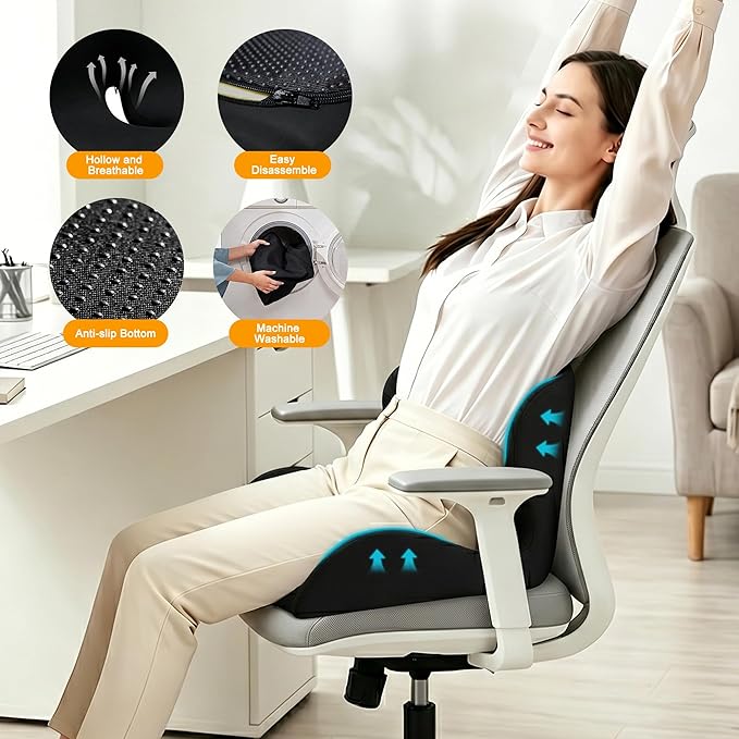 Seat Cushion for Office Chair and Car – L-Shaped Ergonomic Seat Cushions for Stability & Anti-Slip, Orthopedic Cushion for Sciatica, Back & Tailbone Pain Relief, Black
