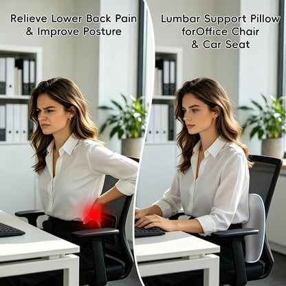 BEBAS Lumbar Support Pillow for Car & Office Chair - Ergonomic Memory Foam Back Cushion for Lower Back Pain Relief, Back Support, Removable Washable Cover, Ideal for Driving, Work, Travel - Gray