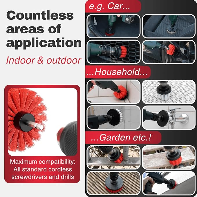 Drill Brush Attachments for Cleaning [Set of 6] Universally Cleans Cars, Rims, Upholstery, Tiles, and More I Brush Drill Attachment for Cleaning I Drill Brush for Car Detailing (Red-White-Black)
