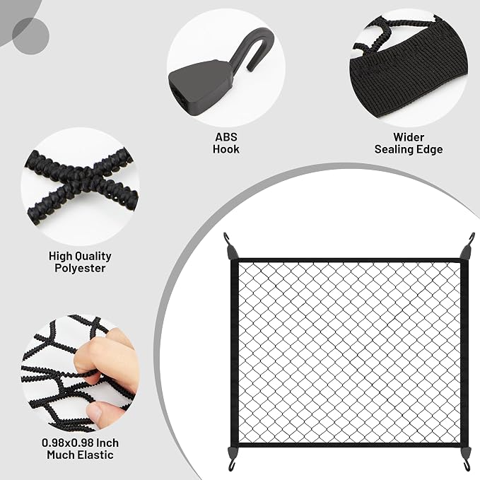 Elastic Cargo Net for SUV, Net Stretchable 31.2" x 24" Stretch to 62.4" x 48", Rear Trunk Bed Netting Cover, Fixing Hooks D-Rings Luggage Cover