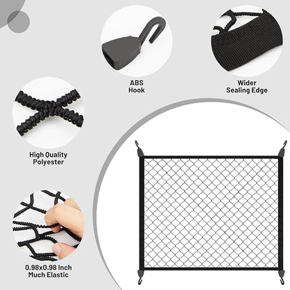 Elastic Cargo Net for SUV, Net Stretchable 31.2" x 24" Stretch to 62.4" x 48", Rear Trunk Bed Netting Cover, Fixing Hooks D-Rings Luggage Cover