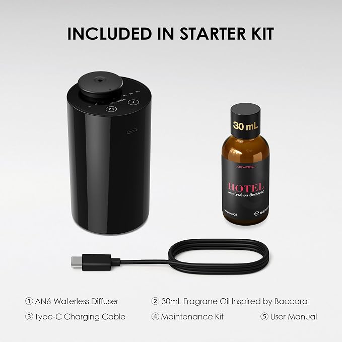 Airversa Waterless Essential Oil Diffuser Starter Kit with 30mL Hotel Fragrance Oil Inspired by BaCRT, Battery Operated Car Diffuser, Portable Aroma Nebulizer for Home Car Office, AN6Kit-C, Black