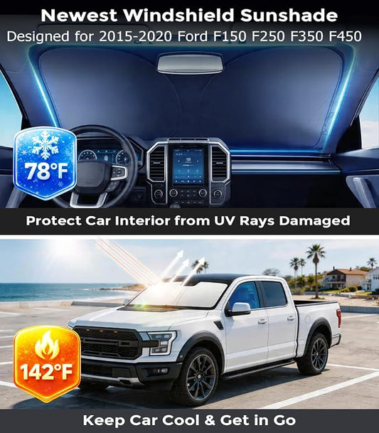 DMJN Front Windshield Sun Shade for Ford F150 F250 F350 F450 (2015-2020), [Nano Ice-Crystal Coatings] UPF50+ Heat & UV Block, Protect Car Interior & Keep Cool, Flodable Steel-Ring Car Cover for Summer