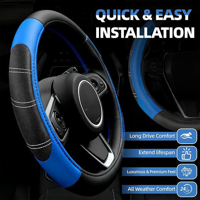 NBTEPEM 6 Pcs Blue Car Accessories Set, Sport Leather Steering Wheel Cover 14.5-15inch Universal, Microfiber Leather Car Center Console Cover, Seat Belt Cushion, Cup Holder Coaster (Black-Blue)