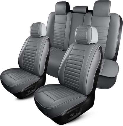 HChengkikz Leather Car Seat Covers, Waterproof Horizontal Stripes Front and Rear Car Seat Cover, Breathable Automotive Seat Covers for Sedan SUV Pick-up Truck (5 PCS Full Set, Grey)