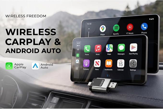 ZORVIA Wireless CarPlay Adapter for iPhone & Android Auto 2026 Upgraded - Convert Wired CarPlay to Wireless, Fast Auto Reconnect, Plug and Play, USB-C & USB-A (Silver)