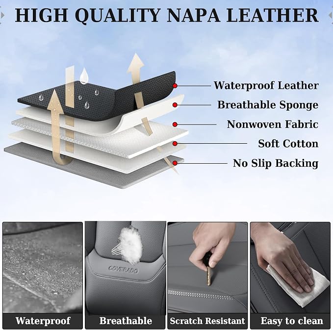 Coverado Car Seat Covers Full Set, Seat Covers for Cars, Gray Car Seat Protector Waterproof, Nappa Leather Car Seat Cushion, Car Seat Covers Front Seats and Back Fit for Most Cars