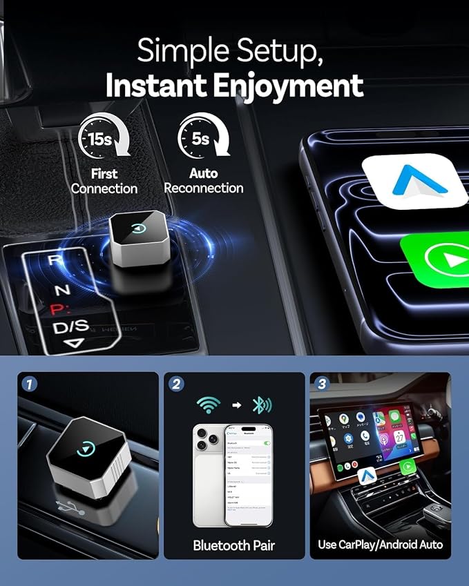 Wireless CarPlay Adapter for Apple Car Play Wireless Adapter, Android Auto Carplay Wireless Adapter, No Latency Bluetooth Carplay Adapter for iPhone iOS 10+ & Android 11+ & Car 2016+
