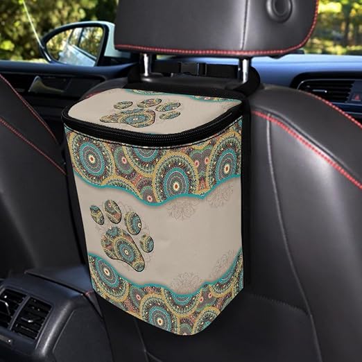 BIGCARJOB Bohemian Paw Car Trash Can for Back Seat,Multipurpose Car Garbage Bin with Adjustable Straps Reusable Auto Trash Bin Garbage Bags,Boho Car Accessories
