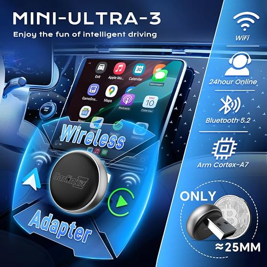 Wireless CarPlay Adapter Carlinkit MINI Ultra3│Plug & Play Convert Wired Carplay to wireles s CarPla y│Convert Wired Android AUTO to wireles s Androi d Auto│for OEM CarPla-y & OEM Android AUT-o Cars