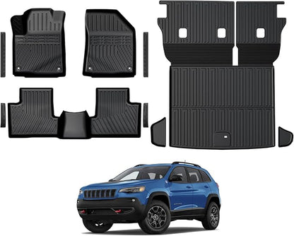 Floor Mats for Jeep Cherokee 2019-2023, All Weather Floor Mats Trunk Cargo Liner with Backrest Protectors and Door Sill Guards Accessories, Full Coverage Set