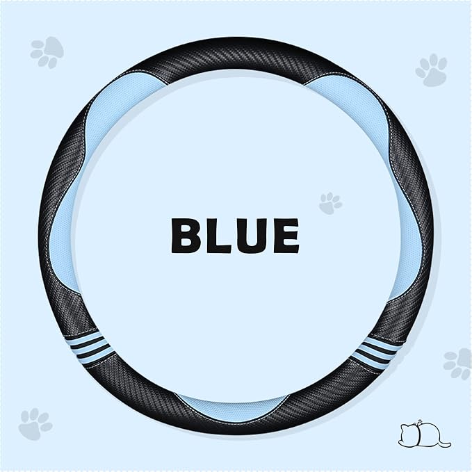 HighnessHwoo Car Steering Wheel Covers for Women Girl Padded Carbon Fiber PU Leather Cute Cartoon Auto Interior Accessories for Jeep, Truck, Universal, Anti Slip, Blue, Large Size, 15.2-16in