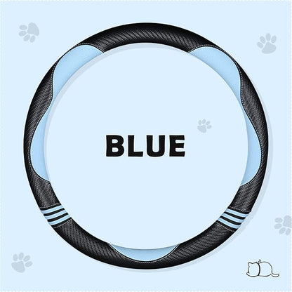 HighnessHwoo Car Steering Wheel Covers for Women Girl Padded Carbon Fiber PU Leather Cute Cartoon Auto Interior Accessories for Jeep, Truck, Universal, Anti Slip, Blue, Large Size, 15.2-16in