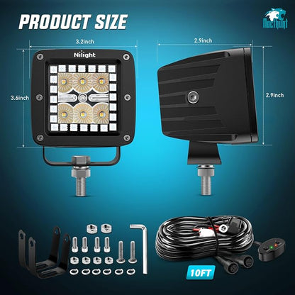Nilight LED Pods 3 Inch 18W Cube Flood Offroad Work Light with RGB Halo Strip Multi Chasing Flash Strobe Mode APP & Remote Control IP67 Waterproof for Truck Pickup Golf Cart SUV ATV UTV 4x4 Van Camper