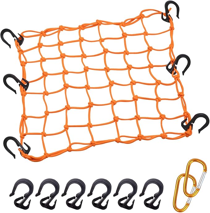 Cargo Net 15"x15" Stretches to 30"x30" with Thicken Hooks | Natural Latex Core, Tight 2”x2” Mesh Small Heavy Duty Bungee Net for Motorcycle Helmet, Bike, ATV, UTV, Luggage (Orange,1 Pack)