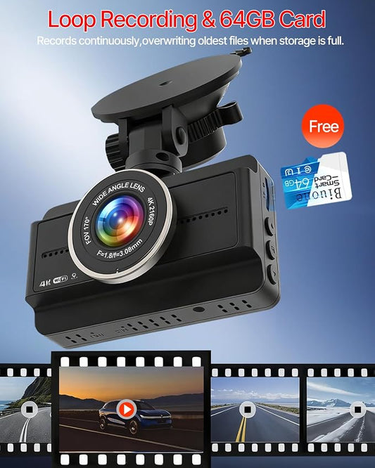 Dash Cam Front and Rear, 4K Full HD Dual Dash Camera for Cars W/ 64GB Card Included, Built-in 5G WiFi, Car Camera Dashcams for Cars with Night Vision, Parking Monitor, WDR, Emergency Lock