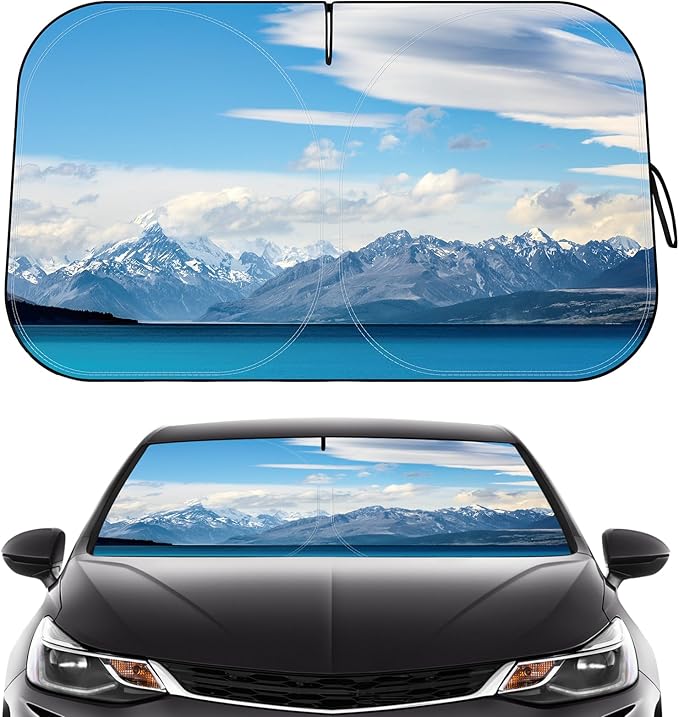 Windshield Sun Shade - Car Windshield Sun Shade for UV Protection Heat Reduction 2026 Sun Visor for Car Interior (57"x31"), Blue - Snowy Mountain