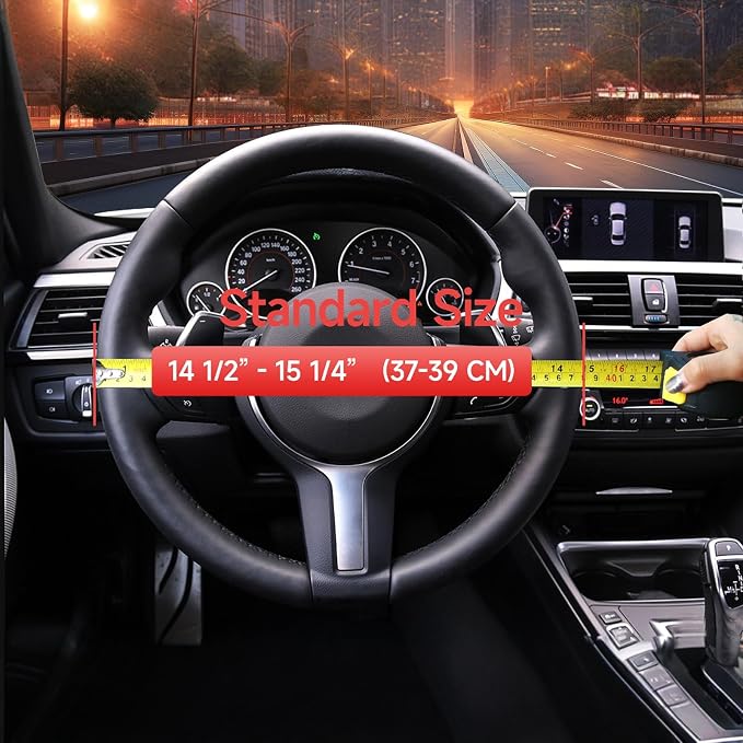 Leather Steering Wheel Cover Men，with Black Woven Pattern Car Accessories ，Anti-Slip, Safety, Soft, Breathable, Adaptable to 14.5-15 inches Steering Wheel Fit SUV， Jeep， Van，Sedan，Car