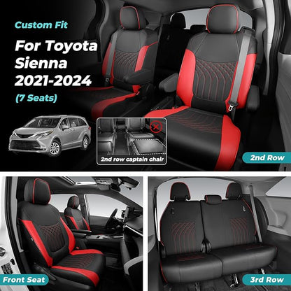 Customized for Toyota Sienna Seat Covers 2021-2026 Sienna 7 Seats 3 Row, Leather Car Seat Covers Waterproof Seat Covers Full Set for Cars, Car Seat Protectors, Airbag Compatible(BlackRed)