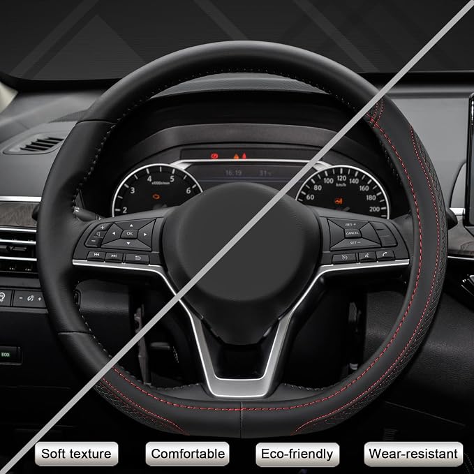 West Llama Customized Auto Car Steering Wheel Cover for Nissan,D Shaped Steering Wheel Cover for Rogue,Altima,Kicks (D-Shaped-Black+Red Line)
