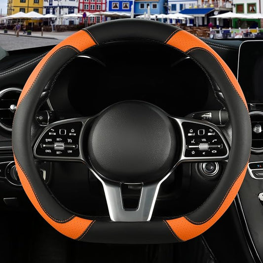 Microfiber Leather D Shaped Steering Wheel Cover, Breathable, Anti Slip, 13.5 inch to 14 inch, Black with Orange