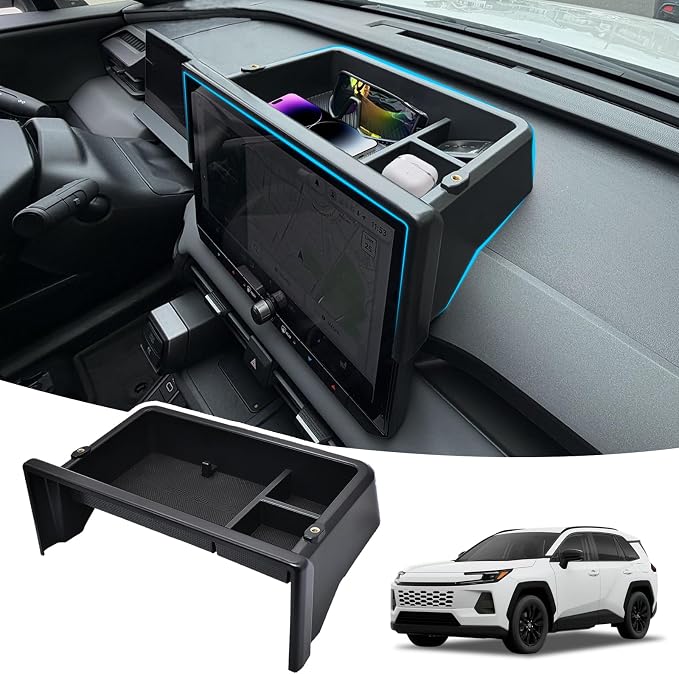 Dashboard Center Console Organizer for RAV4 2026 XSE/Limited Dashboard Storage Box with 1/4 Inch Screw Hole Sunglasses Holder and No-Slip Mat 2026 RAV4 Dashboard Organizer Only Fit 12.9 Inch Screen