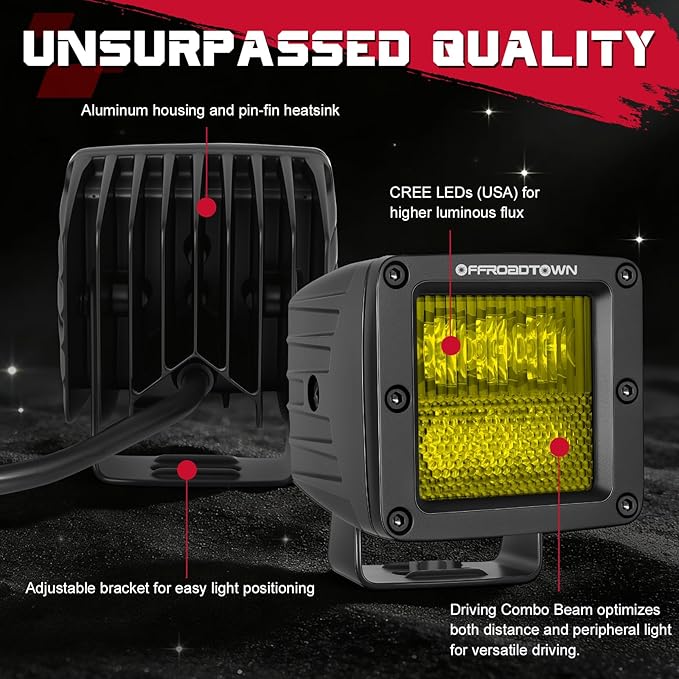 Amber LED Cubes, OFFROADTOWN 3inch 120W CREE LED Pods Yellow Fog Chase Lights Waterproof Off Road Light Cubes Backup Reverse Lights for Truck Pickup Motorcycle UTV ATV SUV Boat 4x4 Car - Driving Combo