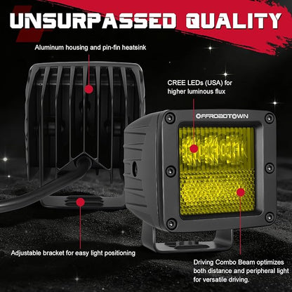 Amber LED Cubes, OFFROADTOWN 3inch 120W CREE LED Pods Yellow Fog Chase Lights Waterproof Off Road Light Cubes Backup Reverse Lights for Truck Pickup Motorcycle UTV ATV SUV Boat 4x4 Car - Driving Combo