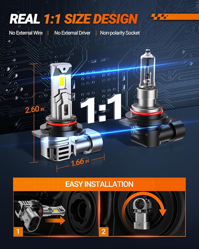 SEALIGHT 9005/HB3 Fog Light Bulbs, 40000LM Bright, 6500K Cool White, 60000+ Hour Lifespan With Cooling Fan, Plug-N-Play Installation, 2-Pack