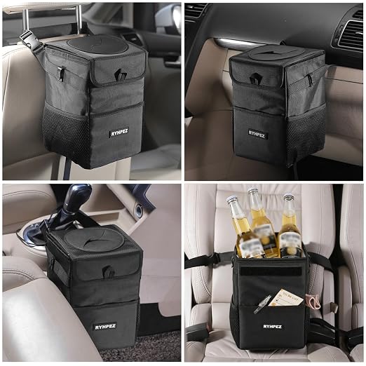 Ryhpez Car Trash Can with Lid - Leakproof Trash Bin Car Garbage Can, Collapsible Automotive Truck Organizer and Storage Bag Car Accessories for Women Men Road Trip Essentials