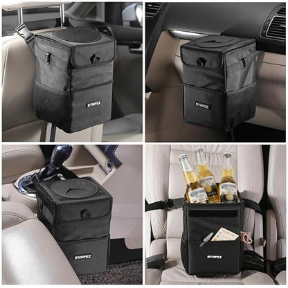 Ryhpez Car Trash Can with Lid - Leakproof Trash Bin Car Garbage Can, Collapsible Automotive Truck Organizer and Storage Bag Car Accessories for Women Men Road Trip Essentials