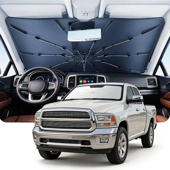 DMJN Umbrella Windshield Sun Shade for Dodge Ram 1500 2500 3500 (2011-2026), Car Sunshade for Front Windshield [Nano Ice-Crystal Coatings] UPF50+ Heat & UV Block, Protect Interior & Keep Cooler