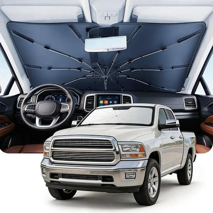 DMJN Umbrella Windshield Sun Shade for Dodge Ram 1500 2500 3500 (2011-2026), Car Sunshade for Front Windshield [Nano Ice-Crystal Coatings] UPF50+ Heat & UV Block, Protect Interior & Keep Cooler