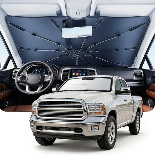 DMJN Umbrella Windshield Sun Shade for Dodge Ram 1500 2500 3500 (2011-2026), Car Sunshade for Front Windshield [Nano Ice-Crystal Coatings] UPF50+ Heat & UV Block, Protect Interior & Keep Cooler