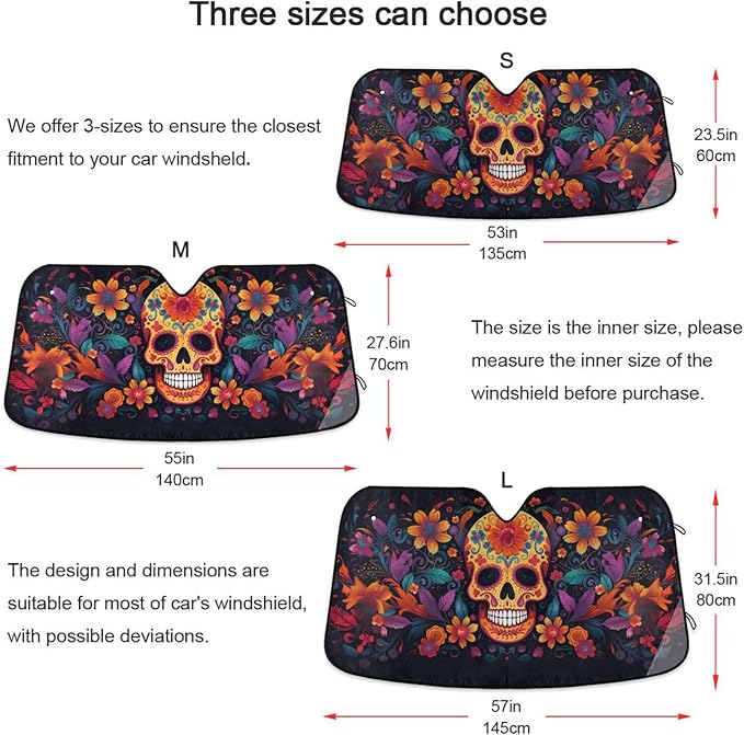 Windshield Sun Shade Abstract Sugar Skull Front Window Block UV Shades Visor Reflective Retractable for Car SUV Trucks