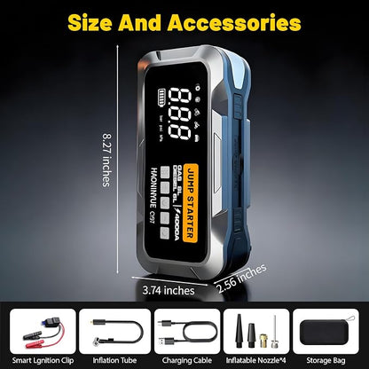 4000A Car Jump Starter with Air Compressor, Car Jumper 150PSI Portable Car Battery Jump Starter, 12V Jump Box Battery Pack (8L Gas 6L Diesel Engine) with Boost, LEDLight and Jumper Cables