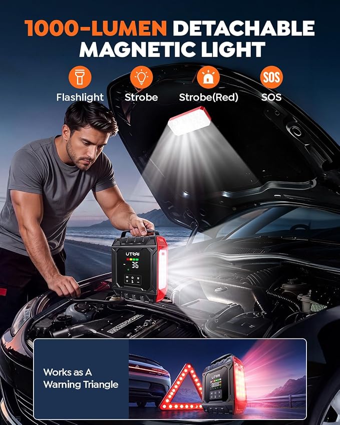 UTRAI 8000A Jump Starter with Air Compressor 160PSI, Car Battery Jumper Starter for All Gas/12L Diesel Engines, Portable Car Jump Starter Jump Box with 1000LM Magnetic Light, Tire Repair Kit