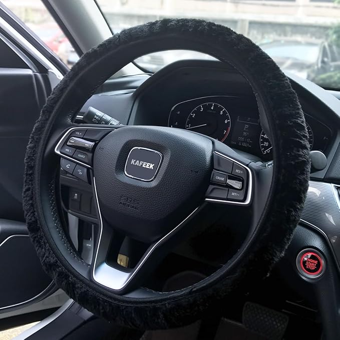 KAFEEK Elastic Long Microfiber Plush Steering Wheel Cover for Winter Warm, Universal 15 inch, Anti-Slip, Odorless, Black
