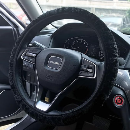 KAFEEK Elastic Long Microfiber Plush Steering Wheel Cover for Winter Warm, Universal 15 inch, Anti-Slip, Odorless, Black