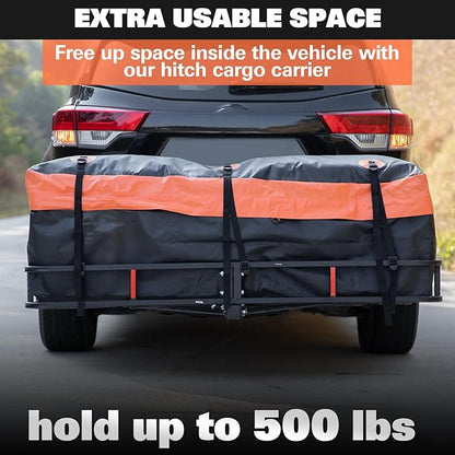 WEIZE Folding Hitch Mount Cargo Carrier Basket 60" X 20" X 6"+ Waterproof Cargo Bag, Hauling Weight Capacity of 500 Lbs and A Folding Arm, with Hitch Stabilizer, Net and Straps
