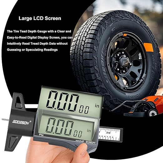 GODESON Digital Tire Tread Depth Gauge - IP54 Waterproof, 2.5" LCD Screen, 3 Modes (Fraction/Inch/MM), 1" Range, Auto-Off, Tire Wear Measure Gauge Tool 32nds for Car, Truck & SUV Tires