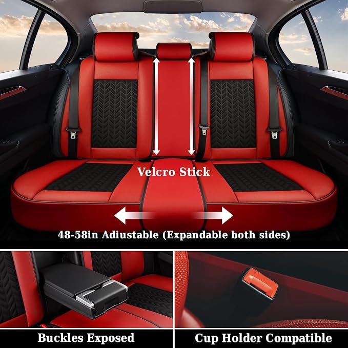 Coverado Seat Covers Full Set, 5 Seats Car Seat Cover Winter, Front and Back Seat Covers for Cars, Breathable Faux Leather Car Seat Cushion, Car Seat Protector Universal Fit for Most Cars Vans, Red