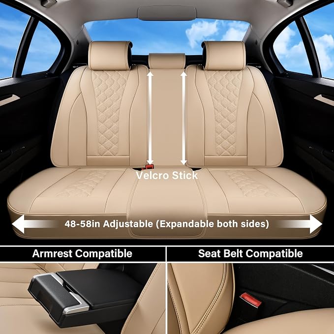 Coverado Car Seat Covers, Leather Seat Covers Full Set, Beige Seat Covers, Perforated Diamond Leather Car Seat Cover, Breathable Car Seat Cushion, Waterproof Car Seat Protector Fit for Most Cars
