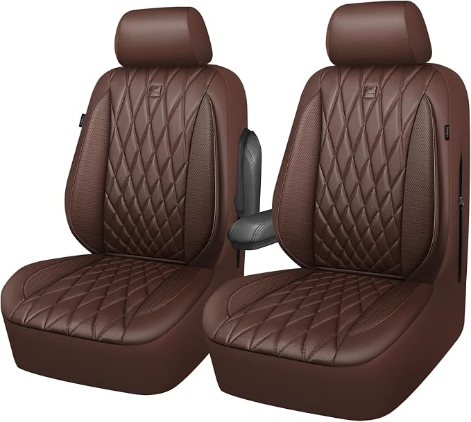 CAR PASS Piping Luxury Faux PU Leather Two Front Car Seat Covers, Waterproof Anti Slip Seat Covers Compatible with Front Seat Armrests,Universal Fit for Suvs,Vans,Trucks,Airbag Compatible, All Brown