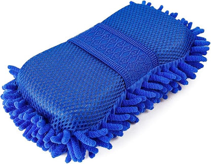 Microfiber Car Wash Sponge, Scratch-Free Vehicle Washing Mitt with Chenille & Mesh Sides, Highly Absorbent Sponge Lint-Free Cleaning Tool for Car Washing & Detailing (Blue)