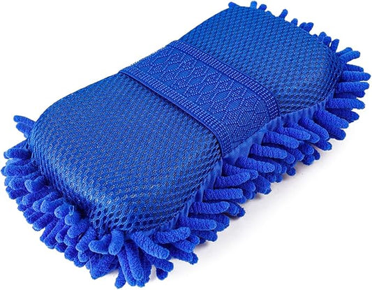 Microfiber Car Wash Sponge, Scratch-Free Vehicle Washing Mitt with Chenille & Mesh Sides, Highly Absorbent Sponge Lint-Free Cleaning Tool for Car Washing & Detailing (Blue)